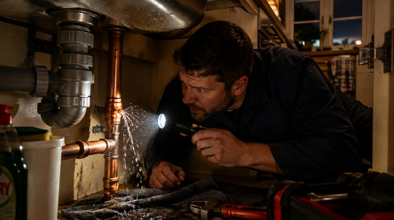 Plumber repairing a burst pipe under a kitchen sink at night