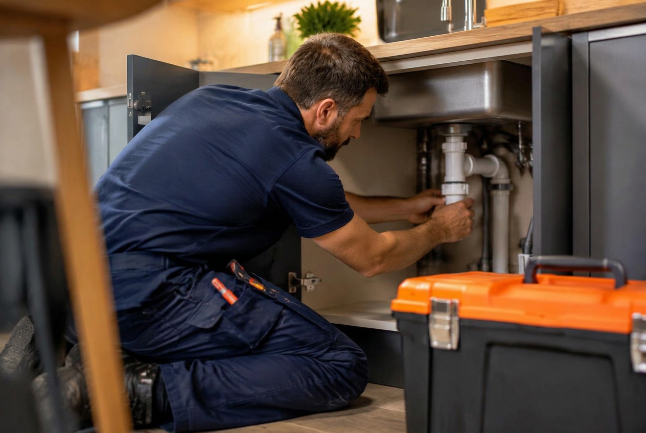 Plumber at work while the AI receptionist answers calls