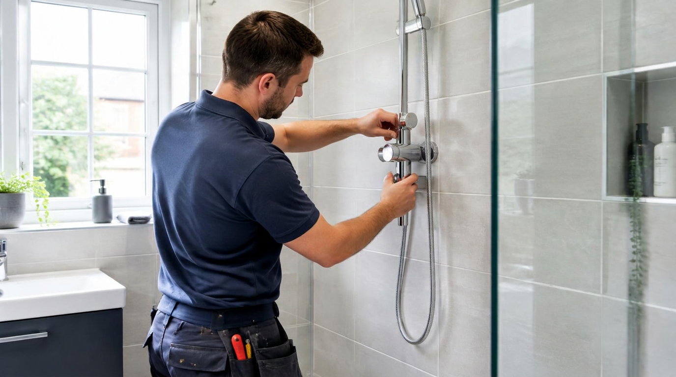 Plumber fitting a shower mixer in a modern bathroom